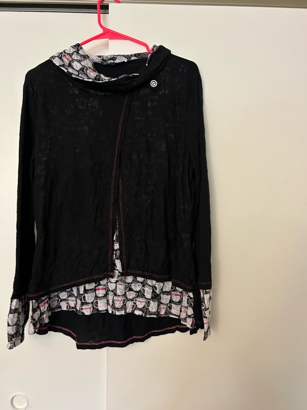 Black Hooded Layered Blouse with Patterned Trim